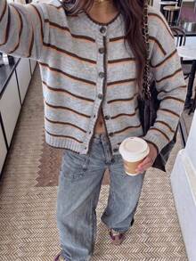 Women Retro Round Neck Contrast Stripe Long Sleeve Sweater Cardigan Color Block Drop Shoulder Sweater–Fall Winter Loose Casual Versatile Fashion - Multicolor - View 1