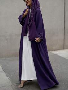 Hafizah Women's Striped Embroidered Robe & Headscarf 2 Pieces Set - Violet Purple - View 3