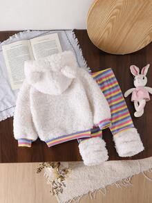 2pcs Baby Girl Casual Cute Cartoon Rabbit Smiling Face Embroidered Double-Sided Fleece Contrast Color Striped Long Sleeve Hooded Sweatshirt And Pants Set Autumn/Winter - White - View 3