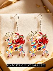 Pendientes colgantes 2D lindos de Papá Noel montando un reno, pendientes de colgante acrílico con reno arcoíris y bolsa de regalo de Papá Noel, regalo de joyería navideña de invierno para mujeres - Papá Noel montando un reno - Ver 5