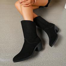 Women Solid Black Faux Suede Mid‑Calf Boots Round Toe Chunky Block Heel Slip‑On Winter Casual Shoes - Black - View 7