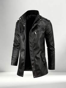 Men's Outdoor PU Leather Jacket, Mid-Length Stand Collar Casual Leather Jacket, Spring/Autumn Top - Black - View 8