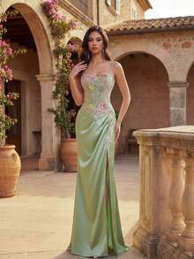 Anymoon Women's Floral Embroidered Pleated Elegant Spaghetti Strap Evening Gown - Green - View 9