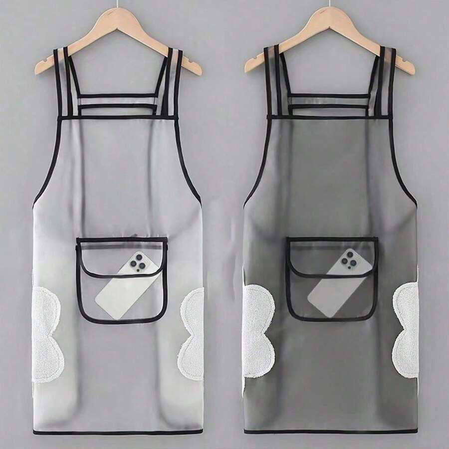 1pc Women's Elegant Semi-Transparent TPU Apron, Kitchen Cooking/Art Studio/Hair Salon Work, Oil-Proof & Water-Proof With Large Wipeable Pockets, Multiple Colors Available - 110cm / 43.31in - View 1