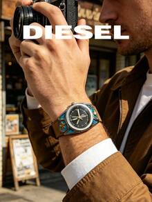 DIESEL Vintage Distressed Watch With Turquoise Star Decor, Brown Wide Leather Strap, Unique Niche Wristwatch - Black - View 4