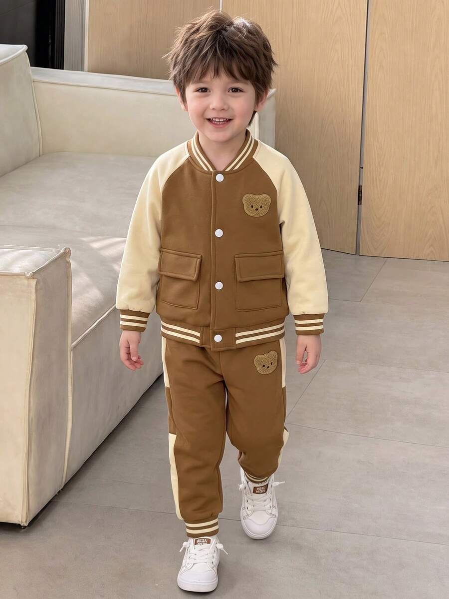 Purechapter 2pcs Boys New Contrast Color Raglan Sleeve Baseball Jacket And Sports Long Pants, Pocket Patch Bear Design, Suitable For Outdoor, Holiday, Party, Daily Wear, Young Boy Gift, Collegiate Style, Autumn/Winter - Brown - View 1