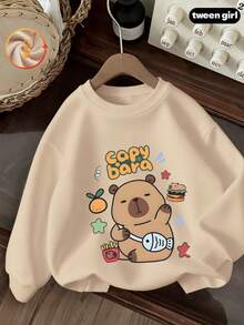 Autumn Girls Crew Neck Long Sleeve Sweatshirt With Cute Cartoon Bear Print Featuring Capybara, Orange, Burger, Fries And Fish Bone Decoration - Apricot - View 2