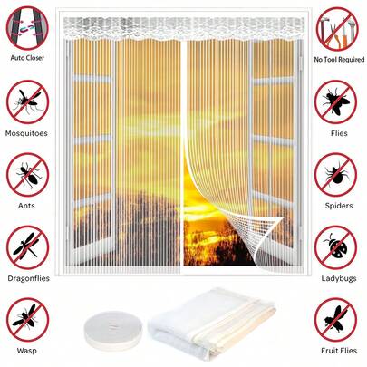Magnetic Mosquito Screen, Window Mosquito Net, Dense Polyester Fiber Screen, Magnetic Closing Screen Door And Window To Prevent Mosquitoes And Flies From Entering, With Hook & Loop & Thumbtacks - White