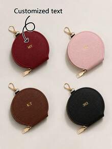 Personalized Leather Earphone Case, Gold Foil Stamping, Custom Name Coin Purse, Round Earphone Storage Case, Mini Keychain Wallet - Pink - View 8