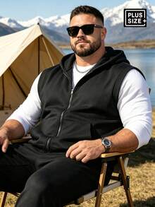 1XL-5XL Plus Size Men's Solid Color Hooded Tank Top, Street Casual Fashion, Loose Fit, Versatile - Black - View 4