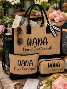 拼色三件式亞麻托特包，印有「Nana」字母，大容量時尚托特包，教堂活動禮物，側邊水瓶網袋，方便放置聖經、筆記本電腦、水瓶、雨傘等，適合生日、教師節、復活節 - 彩色 - 查看 4