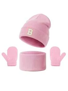 4pcs Set 26 Alphabet Children Hat Scarf Gloves Set, Knitted Gloves Scarf Children Knitted Hat, Warm Combination, Multi-Color Soft Skin-Friendly, Winter Outdoor Outfit - Pink - View 8