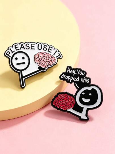 1pc/2pcs Funny Quirky Character Brain Enamel Brooch, Fun Metal Enamel Badge, Creative Backpack Decor Pin, Gift For Friends