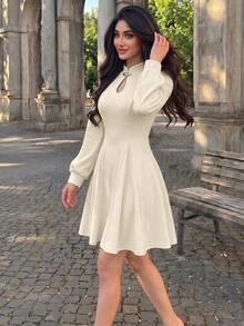 Women's Elegant Keyhole Stand Collar Mini Dress, Long Puff Sleeve Slim Fit A‑Line Short Dress For Autumn Daily & Date Outfit - Apricot - View 9