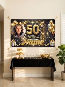 1pc - Customized Happy Birthday Backdrop, Large Size Personalized Birthday Banner Background, Can Print Name And Photo, Customized Black & Gold Theme Printed Poster, Shiny Black Background With Gold Glitter Elements, Celebrate 50th Birthday, Multi-Functional Party Tapestry Home Decor Personalized Birthday Party Customized Photo And Name Poster - Suitable For Party Decoration - Multicolor - View 7