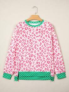 Acelitt Crew Neck Pink Leopard Print Polka Dot Contrast Trim Drop Shoulder Loose Fit Sweatshirt - Pink - View 3