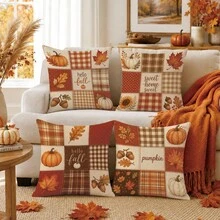 Autumn Pumpkin & Maple Leaf Pattern Cushion Cover 4pcs Set, Single-Sided Printed Peach Skin Velvet Polyester Material, 45*45CM/18*18inch Pillowcase Suitable For Room Decor, Modern Minimalist Sofa Living Room Decoration, Gift Giving, Party Decor - Multicolor - View 1