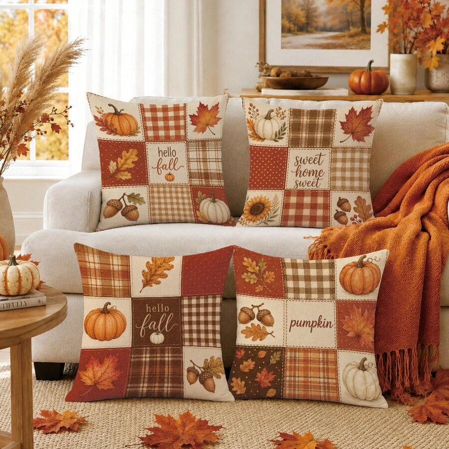 Autumn Pumpkin & Maple Leaf Pattern Cushion Cover 4pcs Set, Single-Sided Printed Peach Skin Velvet Polyester Material, 45*45CM/18*18inch Pillowcase Suitable For Room Decor, Modern Minimalist Sofa Living Room Decoration, Gift Giving, Party Decor - Multicolor - View 1