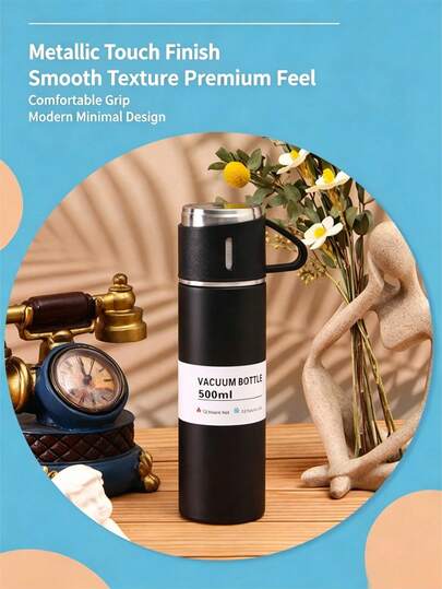 Stainless Steel Vacuum Insulated Gift Set, Multi-Lid Dual-Purpose Travel Coffee Mug, Includes 3 Detachable Drinking Cups, Full Steel Large Capacity Leak-Proof Water Bottle, Suitable For Hot & Cold Drinks, Portable Business Commute, Camping Outdoor Travel