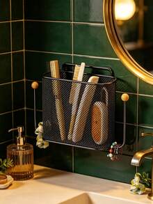 1pc Wall-Mounted Storage Basket, Minimalist Iron Mesh Rectangular Storage Basket With Side Hooks, No-Drill Wall-Mounted Shelf, Suitable For Bathroom, Bedroom, Dorm, Home Daily Storage - Multicolor - View 9