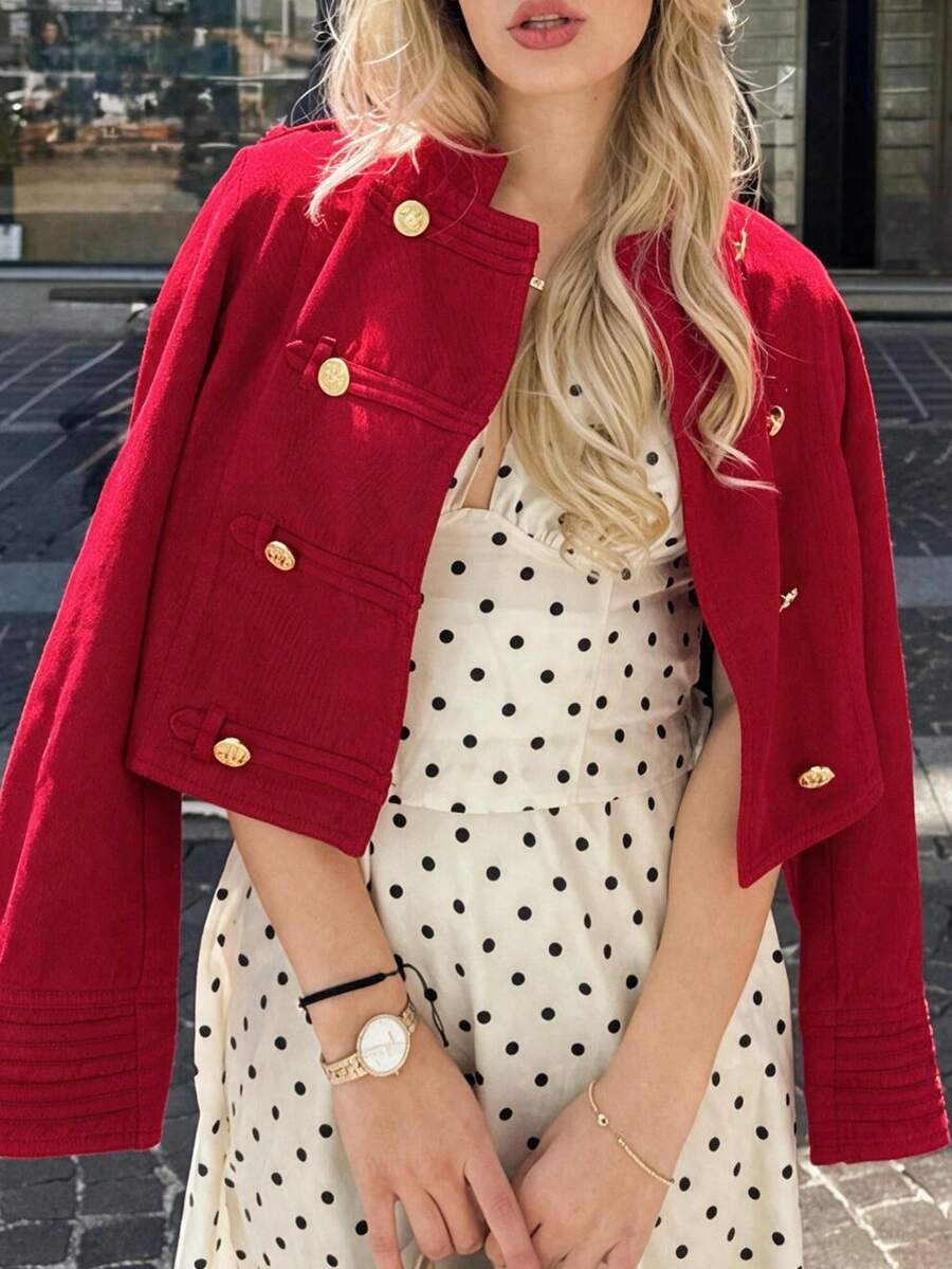 Women's Elegant Versatile Double-Breasted Red Jacket, Autumn/Winter - Red - View 1