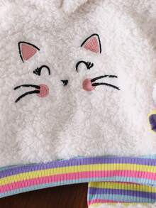 2pcs Baby Girl Casual Cute Cartoon Rabbit Smiling Face Embroidered Double-Sided Fleece Contrast Color Striped Long Sleeve Hooded Sweatshirt And Pants Set Autumn/Winter - White - View 5