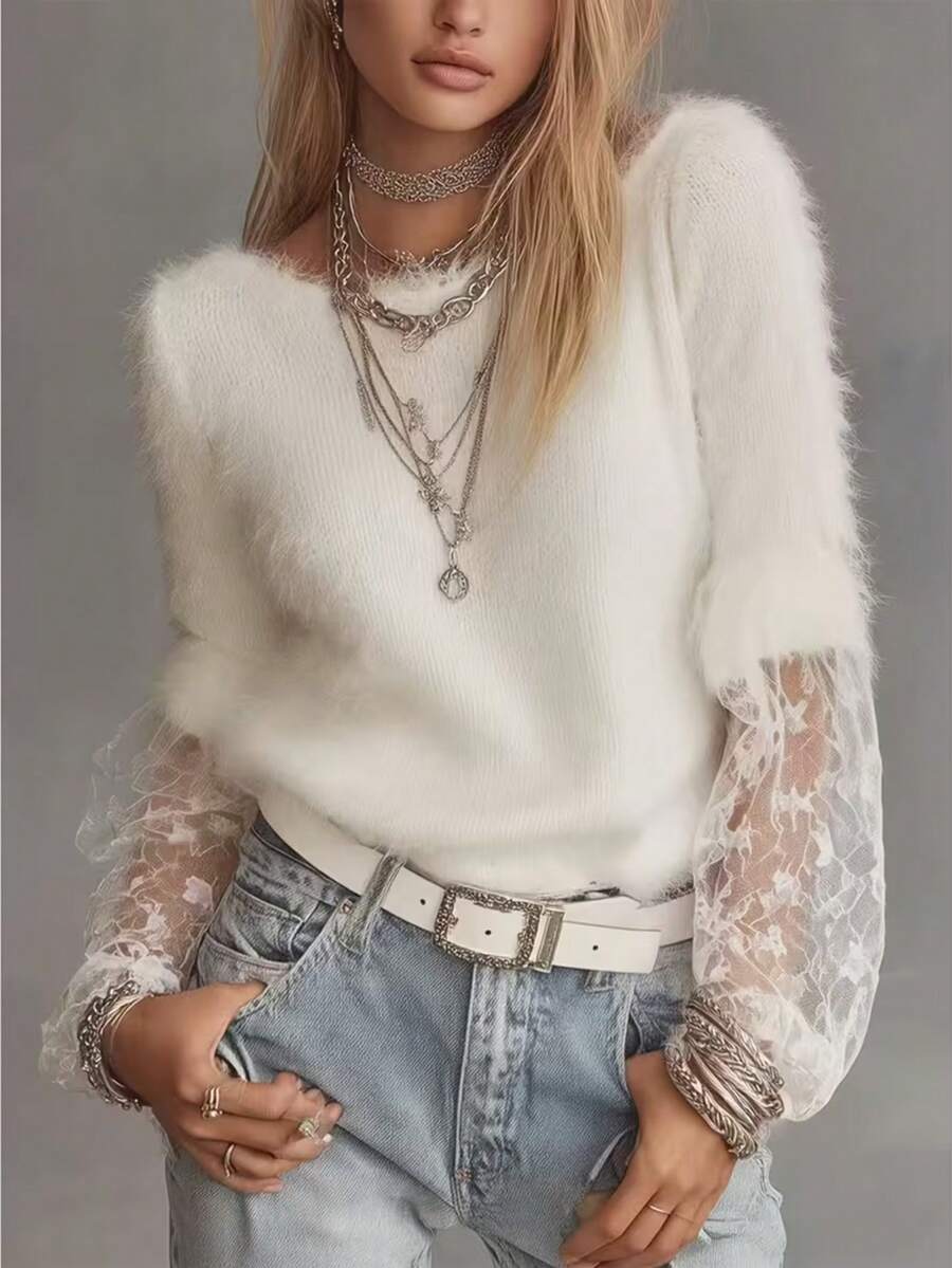 Sweater Rajut Lembut Lengan Panjang Wanita, Lengan dengan Hiasan Renda Elegan - Putih - View 1