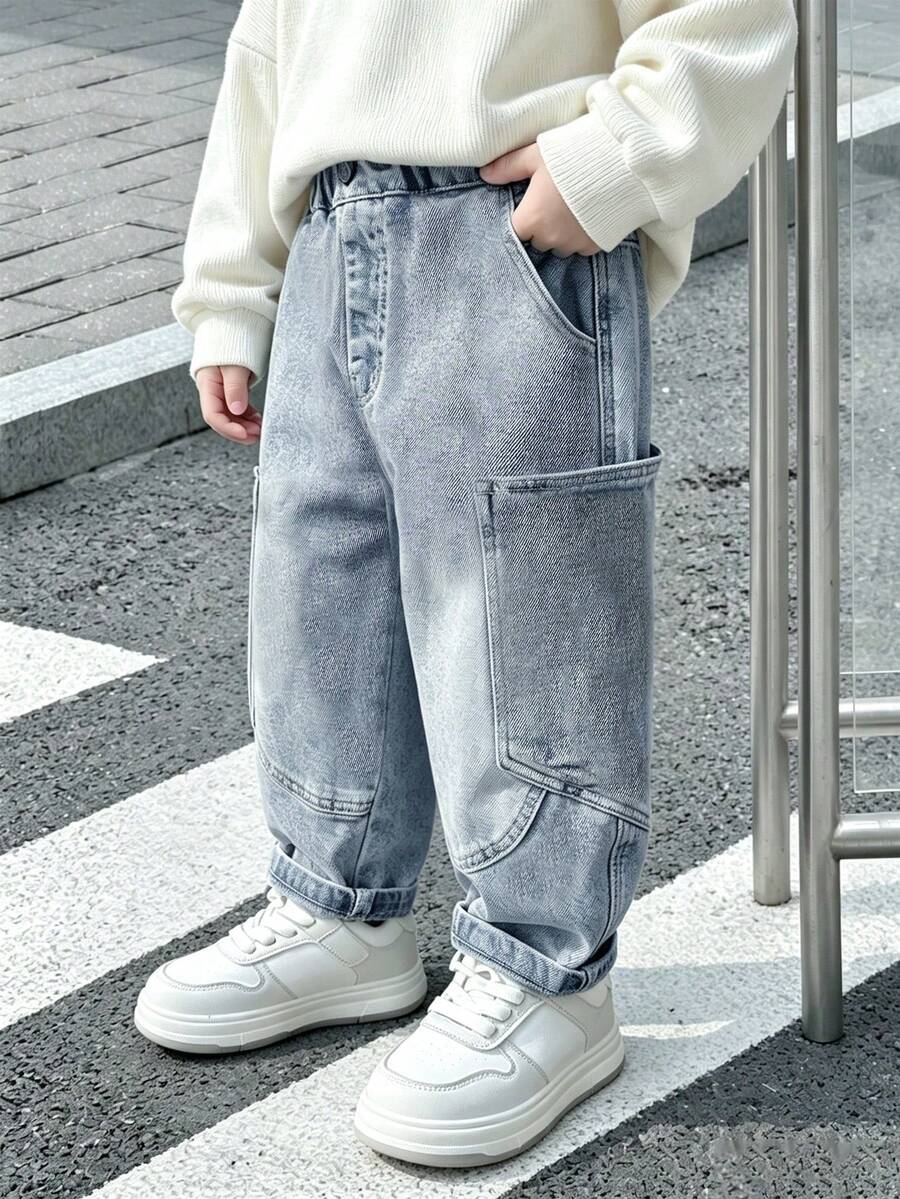 Tween Boy Loose Straight Leg Big Pocket Denim Jeans - Blue - View 1