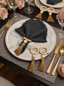 1-24pcs Wooden Tassel Napkin Rings, Bohemian Rustic Style Napkin Holders, Daily Table Decor, Suitable For Christmas Holidays, Thanksgiving Feast, New Year Celebration, Wedding Reception, Dinner Party Table Setting, Holiday Home Kitchen Decoration - Multicolor - View 3