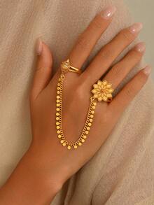 1pc Arabic Vintage Multi-Layer Petal Floral Embossed Bell Dangle Tassel Chain Finger Ring, Women's Wedding Evening Party Celebration Accessory - Yellow Gold - View 6