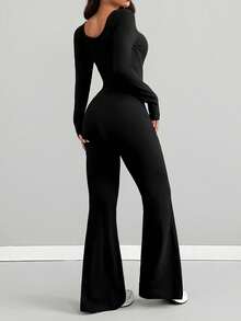 AiTyi Women Black U-Neck Flare Leg Jumpsuit, Slim Fit Casual Daily Wear, Suitable For Sports, Business, Basic Style, Yoga, Gym, Y2K, Ins Style, Back To School, Halloween, Autumn/Winter - Black - View 3