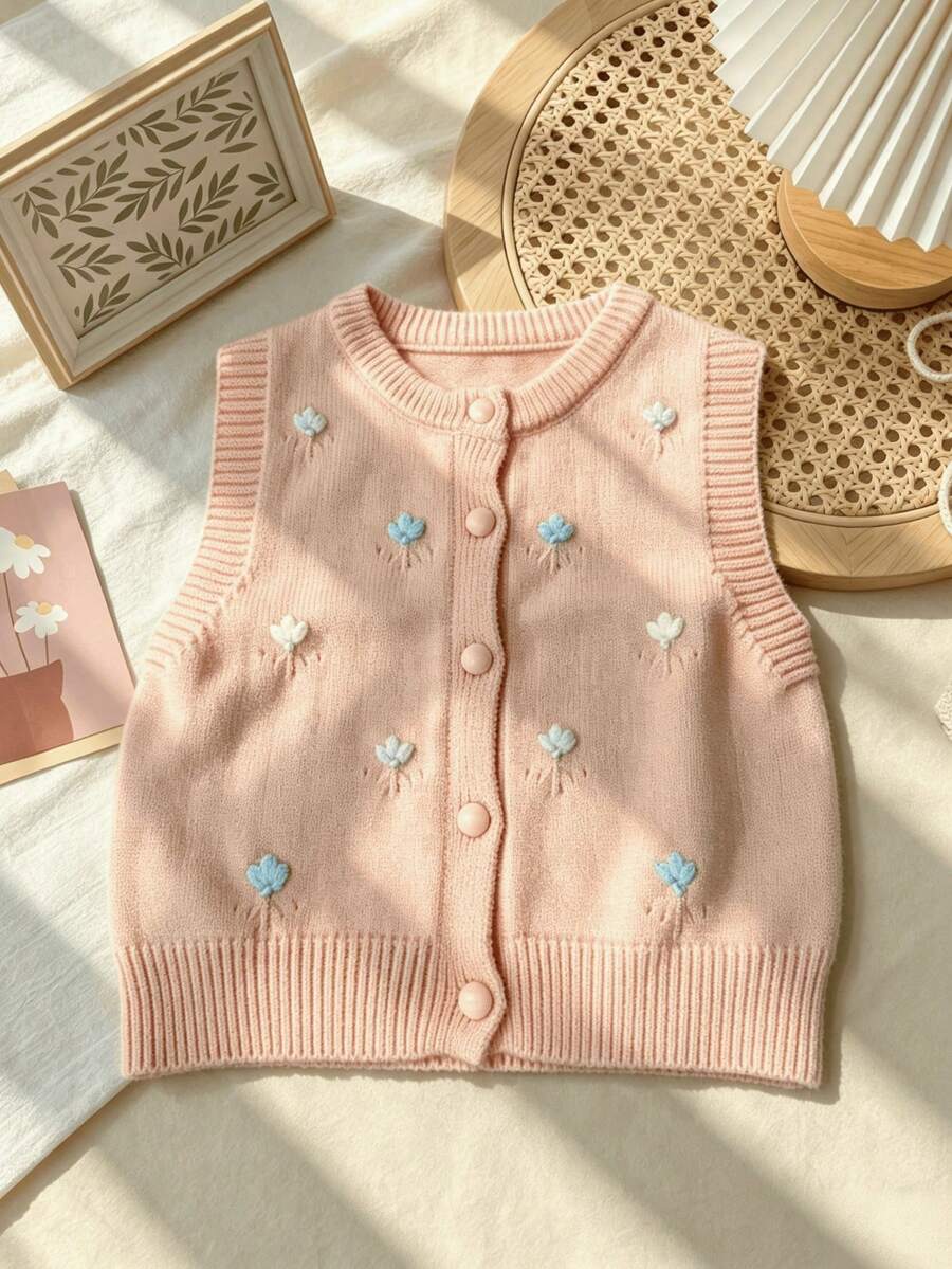 WUHUANG YIYI Baby Girls Sweet Cute Style Contrast Solid Color Handmade Flower Applique Decor Round Neck Sweater Vest Cardigan Loose Fit Daily Outing Autumn - Baby Pink - View 1
