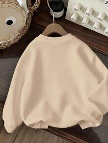 Autumn Girls Crew Neck Long Sleeve Sweatshirt With Cute Cartoon Bear Print Featuring Capybara, Orange, Burger, Fries And Fish Bone Decoration - Apricot - View 6