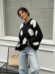 Women's Round Neck Color-Block Cloud Jacquard Drop Shoulder Long Sleeve Loose Knit Pullover With Rhinestone, Soft Plush, Autumn Winter Daily Fashion - Black - View 6