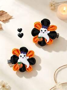 2pcs Halloween Ghost Pumpkin Hair Clips Grosgrain Ribbon Flower Decor Alligator Clips Cute Party Daily Hair Barrettes Kids Hair Accessories - Multicolor - View 2