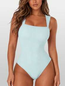 Women's Sexy Ribbed Square Neck Sleeveless Tummy Control Camisole - Baby Blue - View 4