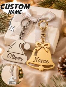 LICVIC 客製化聖誕帽鈴鐺鑰匙圈，個性化節日鑰匙鏈，節慶聖誕鑰匙圈配件，客製化姓名包包吊飾，可自定義 - 風格C - 查看 1