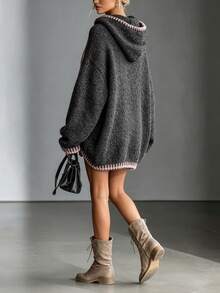 Women's Colorblock Hooded Drawstring Drop Shoulder Ribbed Long Sleeve Oversized Loose Knit Dress, Plush Soft Cozy, Fall Winter Vintage Versatile - Dark Grey - View 3