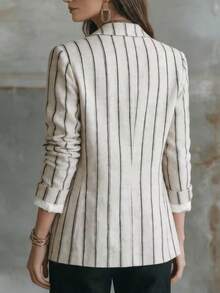 Women's Striped Woven Fabric Blazer, With Pockets And Button Details, Long Sleeve Regular Fit, Suitable For Fashionable Autumn Style - Black and White - View 4