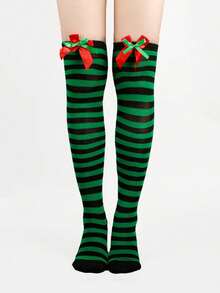4/3/1 Pairs Christmas Striped Solid Color Bow Pom Pom Deer Head Green Red Cute Holiday Over Knee Thigh High Socks - Multicolor - View 15