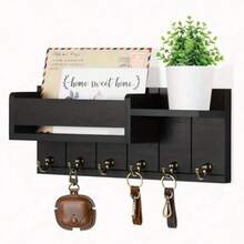 1pc Rustic Wooden Wall Mounted Key Holder With Mail Organizer And Tray. Easy To Install. Living Room, Kitchen, Hallway Wall Mounted Key And Accessory Holder - Multicolor - View 5