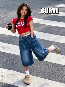 Plus Size Casual High Waist Loose Denim Shorts For Women, Street Style, Spring/Summer - Dark Wash - View 4