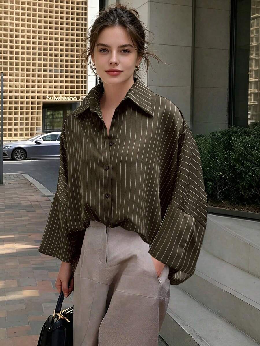 Loose Striped Batwing Sleeve Casual Elegant Military Green Women Shirt, Suitable For Daily, Outing And Vacation Wear, Spring/Summer