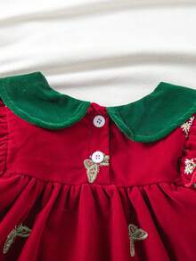 1pc Baby Girl Velvet Peter Pan Collar Embroidered Vintage Royal Style A-Line Dress - Red - View 8