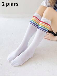 1/2/4 Pairs Women's White Rainbow Pattern Calf Socks - Multicolor - View 4