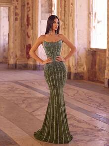 ADYCE Women's Handmade Nail Bead Hot Stamping, Strapless, High Waisted, Backless Tie And Floor Party Dress For Prom Birthday Party Evening Date Homecoming - Army Green - View 5