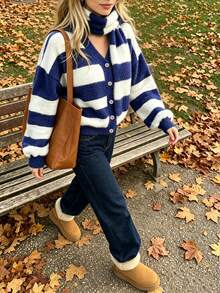 Women's V-Neck Striped Colorblock Single-Breasted Shell Button Lantern Sleeve Loose Knit Cardigan, Plush Soft With Scarf, Fall Winter Daily Style - Multicolor - View 5