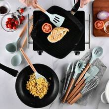 12 PCS Silicone Cooking Tools With Wooden Handle, Kitchen Utensil Set, Cooking Utensils Set Heat Resistant & Non-Scratch For Nonstick Pans, Utensil Set Includes Spatula, Spoon & Tongs, Kitchen Accessor - Grey - View 4
