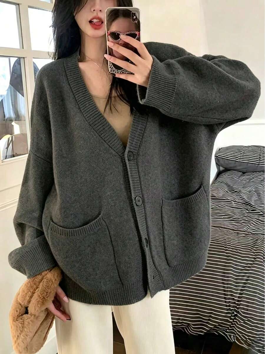 女款秋冬純色口袋百搭極簡寬鬆針織開襟外套 - 中灰色 - 查看 1