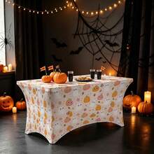 1pc Ghost Pumpkin Pattern Printed High Elasticity Tablecloth With Elastic Band - Stretchable Fit, Washable And Reusable Table Cover For Dining Table, Buffet Table, Dessert Table, Banquet, Holiday Party Decoration, Halloween, Birthday, Wedding - Suitable For Kitchen Use - Multicolor - View 2